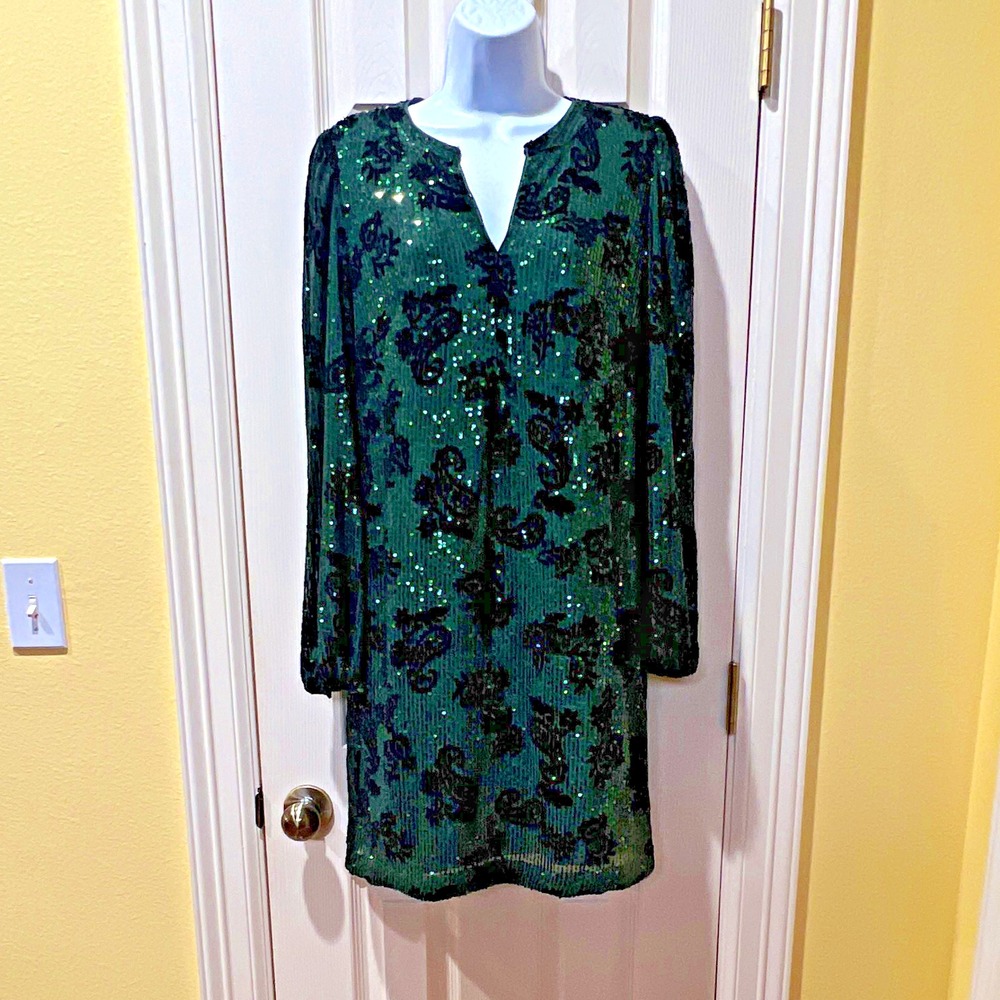 LOFT Green Black Sequin Velvet Paisley V-Neck Long Sleeve Dress Sz 6 Festive